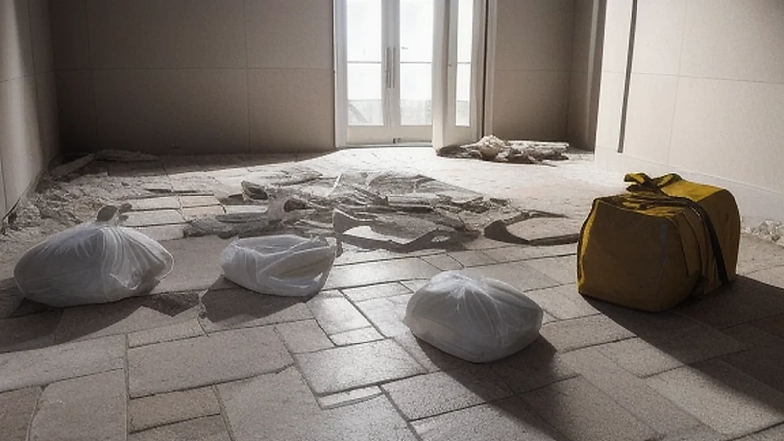 Saci cu moloz si materiale rezultate din renovare pregatiti pentru evacuare din apartament