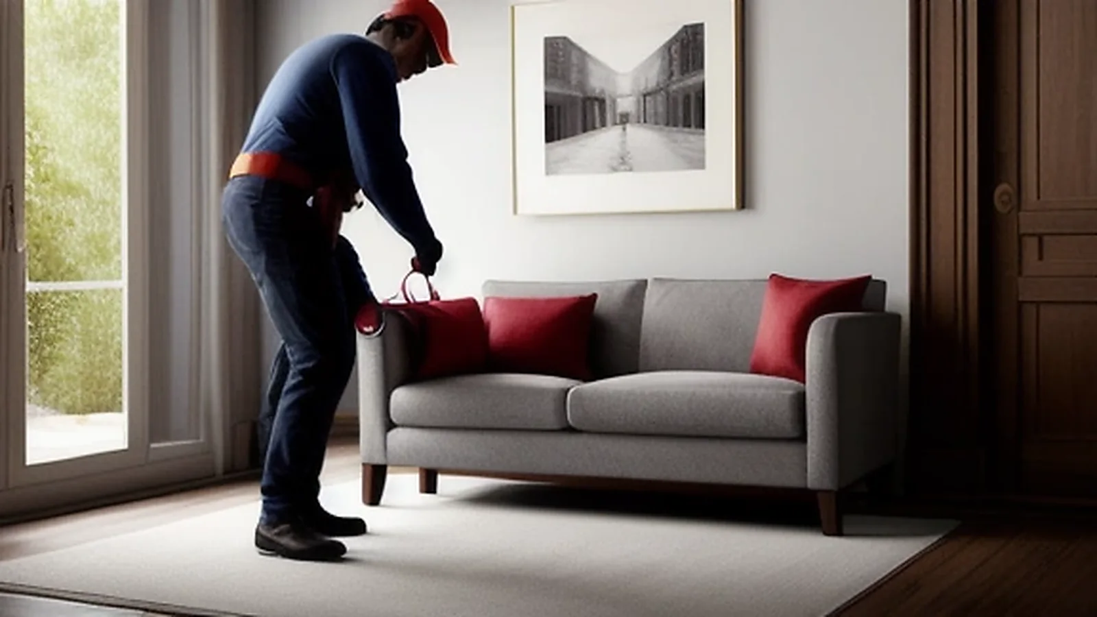 Echipa DubaMarfa.ro care manipuleaza mobilier si protejeaza traseul de acces